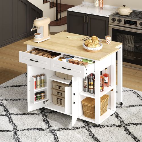 Îlot De Cuisine Extensible 120x77x93 Cm Avec 2 Tiroirs, 2 Portes, Roulettes, Étagères, Mdf, Blanc