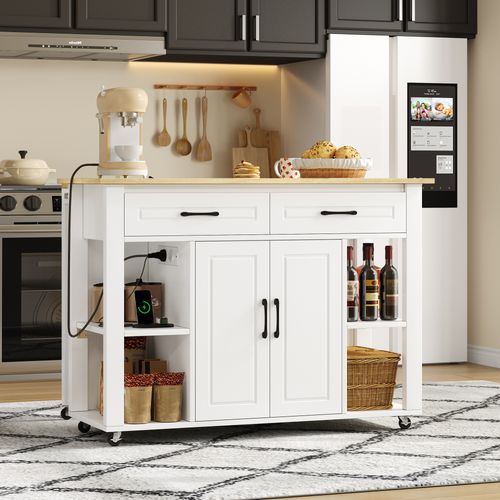 Îlot De Cuisine Extensible 120x77x93 Cm Avec 2 Tiroirs, 2 Portes, Roulettes, Étagères, Mdf, Blanc