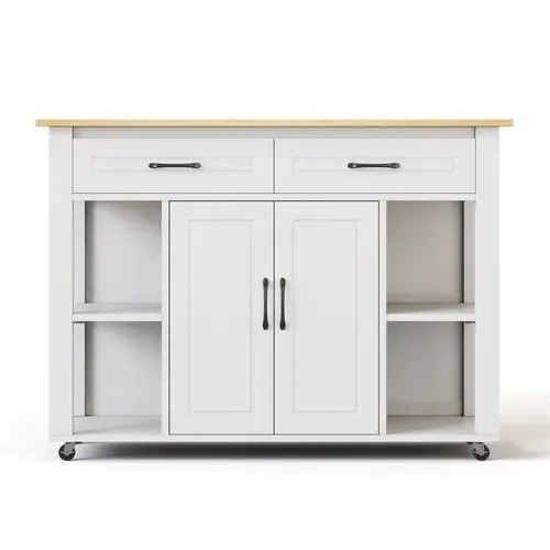 Îlot De Cuisine Extensible 120x77x93 Cm Avec 2 Tiroirs, 2 Portes, Roulettes, Étagères, Mdf, Blanc