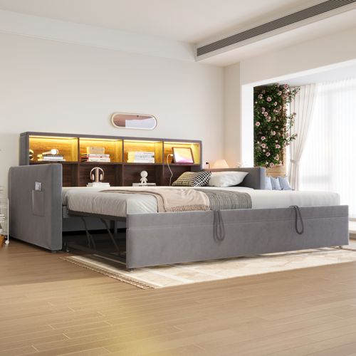 Lit Gigogne 90x190 Cm, Lit Simple Avec USB/type-c, LED Et Rangement, Velours, Gris