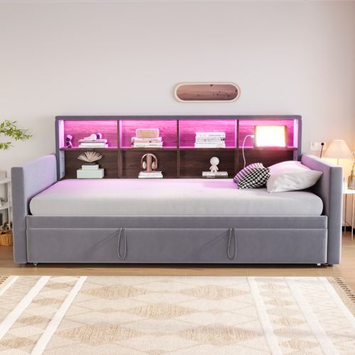 Lit Gigogne 90x190 Cm, Lit Simple Avec USB/type-c, LED Et Rangement, Velours, Gris