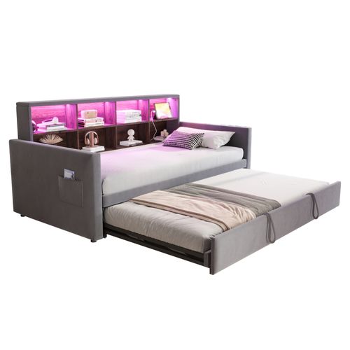 Lit Gigogne 90x190 Cm, Lit Simple Avec USB/type-c, LED Et Rangement, Velours, Gris