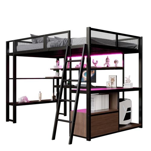 Lit Mezzanine 140x200 Cm Avec Bureau, Éclairage LED, Grand Espace De Rangement, En Métal, Noir