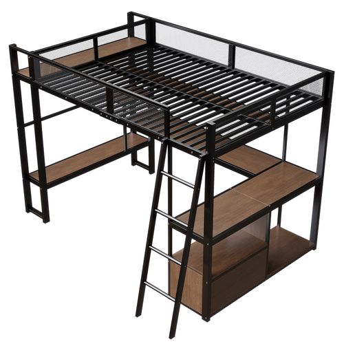 Lit Mezzanine 140x200 Cm Avec Bureau, Éclairage LED, Grand Espace De Rangement, En Métal, Noir