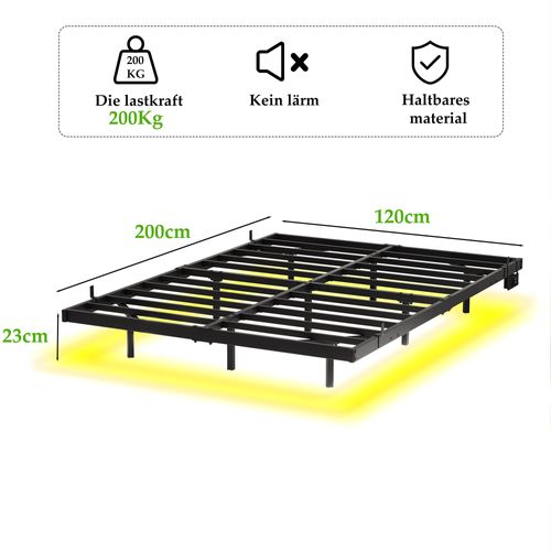 Cadre à lattes 120x200 Cm Avec LED Et USB, Cadre De Lit Flottant, Métal, Noir