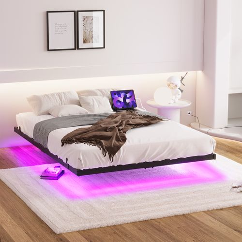 Cadre à lattes 120x200 Cm Avec LED Et USB, Cadre De Lit Flottant, Métal, Noir