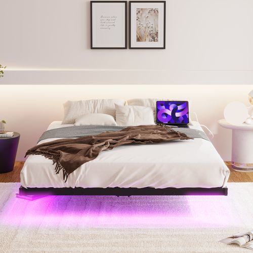Cadre à lattes 120x200 Cm Avec LED Et USB, Cadre De Lit Flottant, Métal, Noir