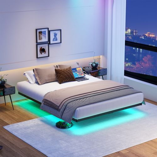 Cadre à lattes 120x200 Cm Avec LED Et USB, Cadre De Lit Flottant, Métal, Noir