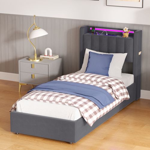 Lit Coffre Enfant 90 X 190 Cm, Lit Simple Avec LED Et USB, Velours, Gris Foncé, Sans Matelas