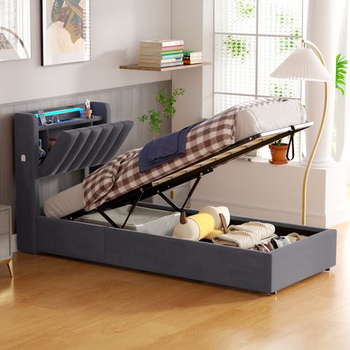 Lit Coffre Enfant 90 X 190 Cm, Lit Simple Avec LED Et USB, Velours, Gris Foncé, Sans Matelas