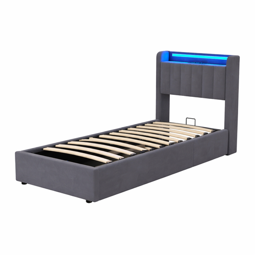 Lit Coffre Enfant 90 X 190 Cm, Lit Simple Avec LED Et USB, Velours, Gris Foncé, Sans Matelas