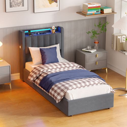 Lit Coffre Enfant 90 X 190 Cm, Lit Simple Avec LED Et USB, Velours, Gris Foncé, Sans Matelas