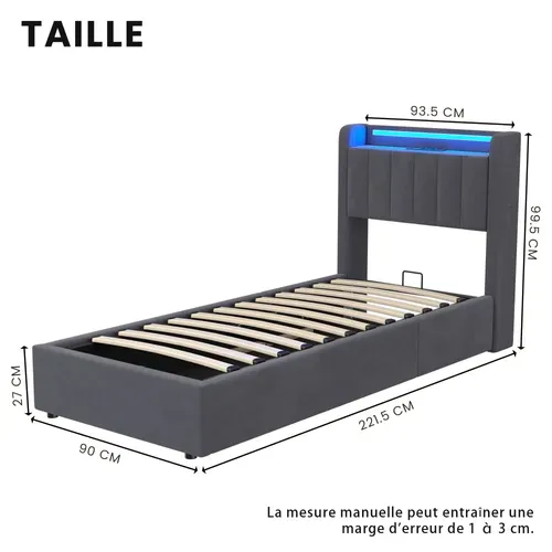 Lit Coffre simple 90X200 Cm Avec LED Et USB, Velours hollandais, Gris Foncé