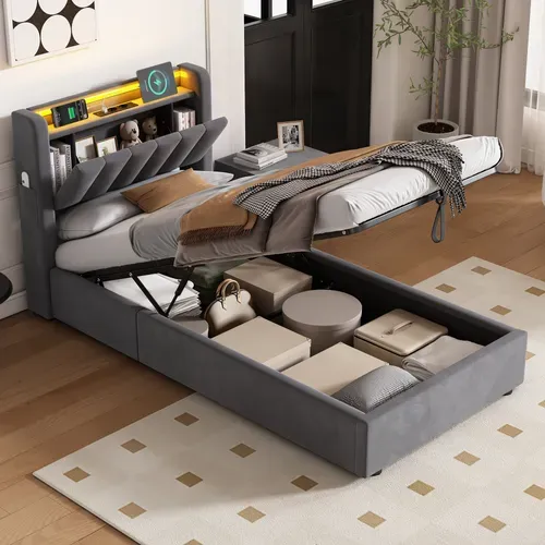 Lit Coffre simple 90X200 Cm Avec LED Et USB, Velours hollandais, Gris Foncé