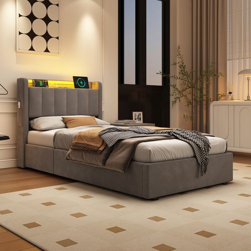 Lit Coffre simple 90X200 Cm Avec LED Et USB, Velours hollandais, Gris Foncé