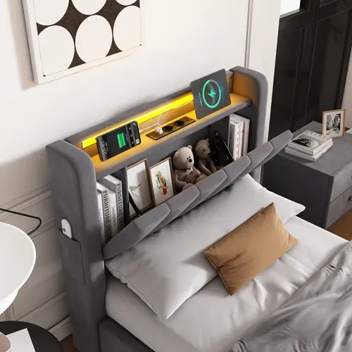Lit Coffre simple 90X200 Cm Avec LED Et USB, Velours hollandais, Gris Foncé