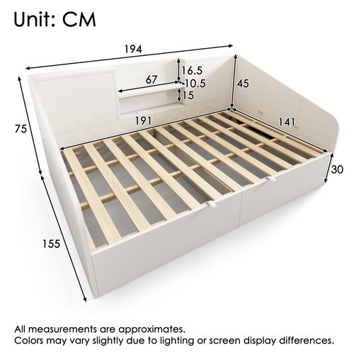 Lit Coffre Adulte 140x190 Cm Avec Rangement, Lit Simple Avec Sommier, Port USB, Bois, Blanc