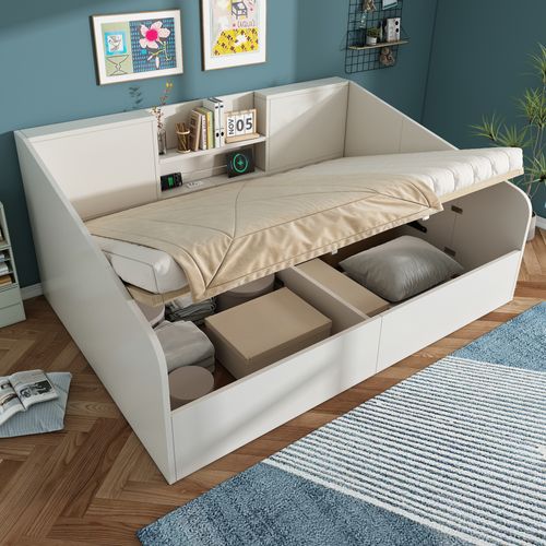 Lit Coffre Adulte 140x190 Cm Avec Rangement, Lit Simple Avec Sommier, Port USB, Bois, Blanc