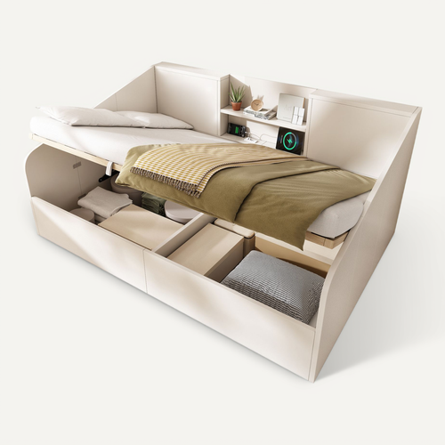 Lit Coffre Adulte 140x190 Cm Avec Rangement, Lit Simple Avec Sommier, Port USB, Bois, Blanc