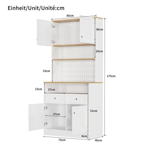 Buffet De Cuisine 80x40x175 Cm Avec 2 Tiroirs, 4 Portes, Étagères Ouvertes, Mdf, Blanc