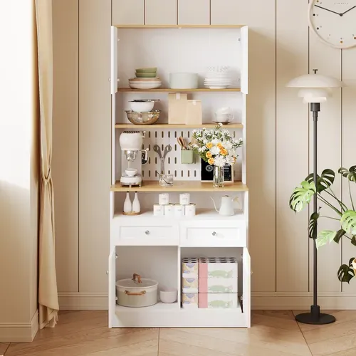 Buffet De Cuisine 80x40x175 Cm Avec 2 Tiroirs, 4 Portes, Étagères Ouvertes, Mdf, Blanc