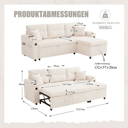 Canapé Convertible 3 Places 212,5×136×86 Cm Avec Rangement, Porte-gobelets, USB-c, Tissu, Beige