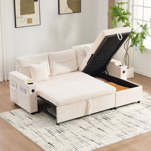 Canapé Convertible 3 Places 212,5×136×86 Cm Avec Rangement, Porte-gobelets, USB-c, Tissu, Beige