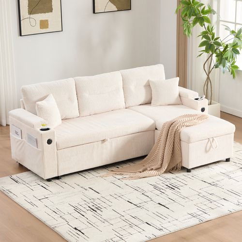 Canapé Convertible 3 Places 212,5×136×86 Cm Avec Rangement, Porte-gobelets, USB-c, Tissu, Beige