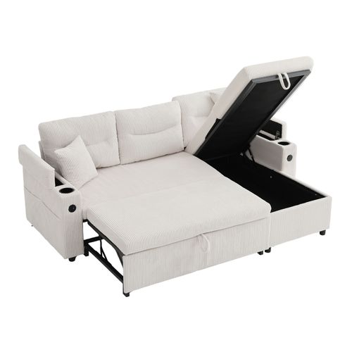 Canapé Convertible 3 Places 212,5×136×86 Cm Avec Rangement, Porte-gobelets, USB-c, Tissu, Beige