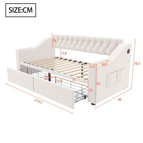 Lit Enfant 90x190 Cm Avec 2 Tiroirs, USB/type-c, Poches De Rangement, En Velours, Beige