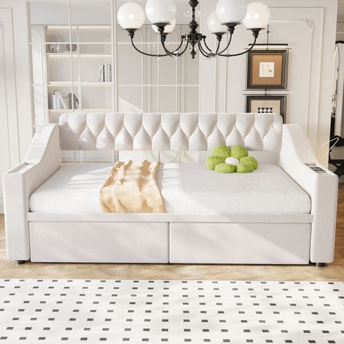 Lit Enfant 90x190 Cm Avec 2 Tiroirs, USB/type-c, Poches De Rangement, En Velours, Beige