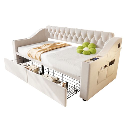 Lit Enfant 90x190 Cm Avec 2 Tiroirs, USB/type-c, Poches De Rangement, En Velours, Beige