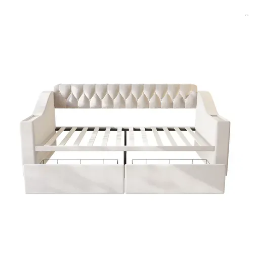 Lit Enfant 90x190 Cm Avec 2 Tiroirs, USB/type-c, Poches De Rangement, En Velours, Beige