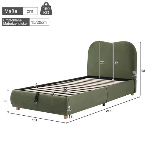 Lit Simple Enfant 90x200 Cm Avec Sommier Hydraulique, Dossier Rembourré, Rangement, En Velours, Vert