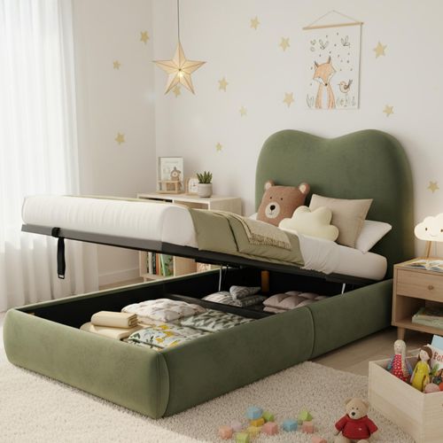 Lit Simple Enfant 90x200 Cm Avec Sommier Hydraulique, Dossier Rembourré, Rangement, En Velours, Vert