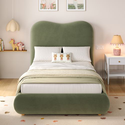 Lit Simple Enfant 90x200 Cm Avec Sommier Hydraulique, Dossier Rembourré, Rangement, En Velours, Vert