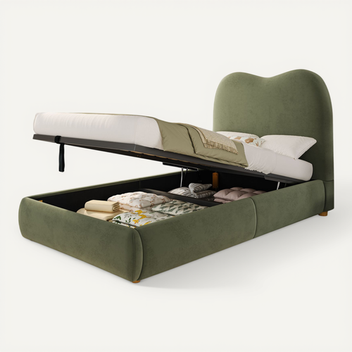 Lit Simple Enfant 90x200 Cm Avec Sommier Hydraulique, Dossier Rembourré, Rangement, En Velours, Vert