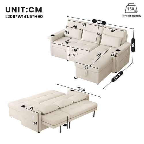 Canapé Angle Convertible Avec LED, USB, Dossier Réglable, Coussins, Porte-gobelets, En Tissu, Beige