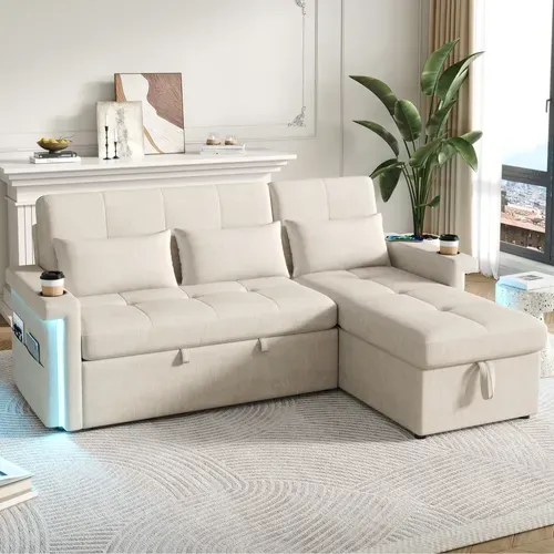 Canapé Angle Convertible Avec LED, USB, Dossier Réglable, Coussins, Porte-gobelets, En Tissu, Beige
