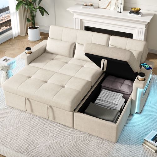 Canapé Angle Convertible Avec LED, USB, Dossier Réglable, Coussins, Porte-gobelets, En Tissu, Beige