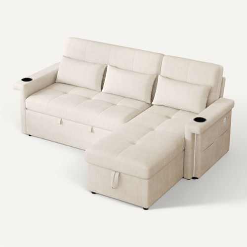 Canapé Angle Convertible Avec LED, USB, Dossier Réglable, Coussins, Porte-gobelets, En Tissu, Beige