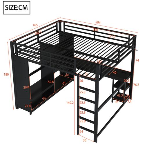 Lit Mezzanine 160x200 Cm Avec Bureau, Armoire Ouverte, Espace De Rangement, LED, En Métal, Noir