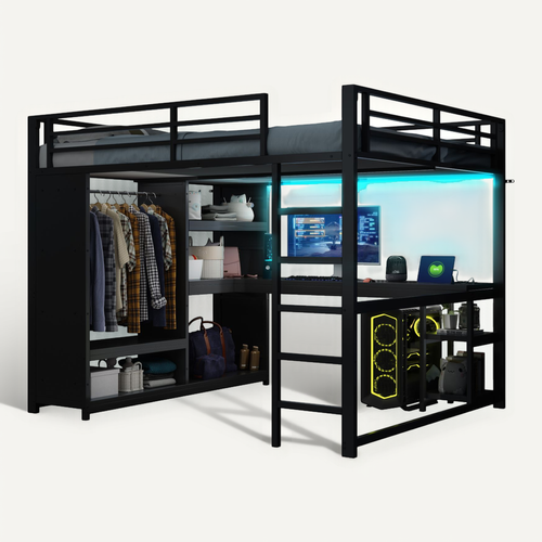 Lit Mezzanine 160x200 Cm Avec Bureau, Armoire Ouverte, Espace De Rangement, LED, En Métal, Noir