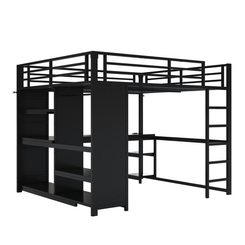Lit Mezzanine 160x200 Cm Avec Bureau, Armoire Ouverte, Espace De Rangement, LED, En Métal, Noir