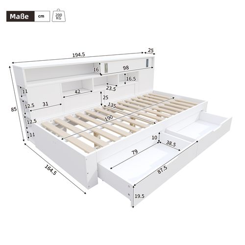 Lit Simple Enfant 135x190 Cm Avec 2 Tiroirs, Étagère, Sommier, En Mdf, Blanc