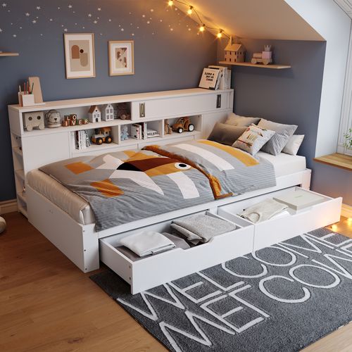 Lit Simple Enfant 135x190 Cm Avec 2 Tiroirs, Étagère, Sommier, En Mdf, Blanc