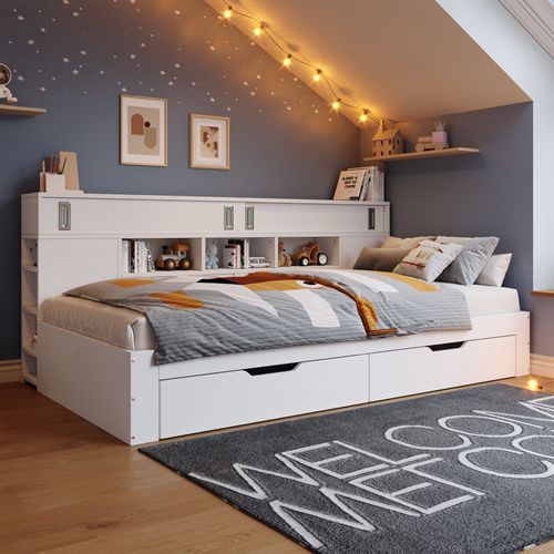 Lit Simple Enfant 135x190 Cm Avec 2 Tiroirs, Étagère, Sommier, En Mdf, Blanc