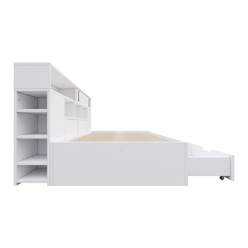 Lit Simple Enfant 135x190 Cm Avec 2 Tiroirs, Étagère, Sommier, En Mdf, Blanc