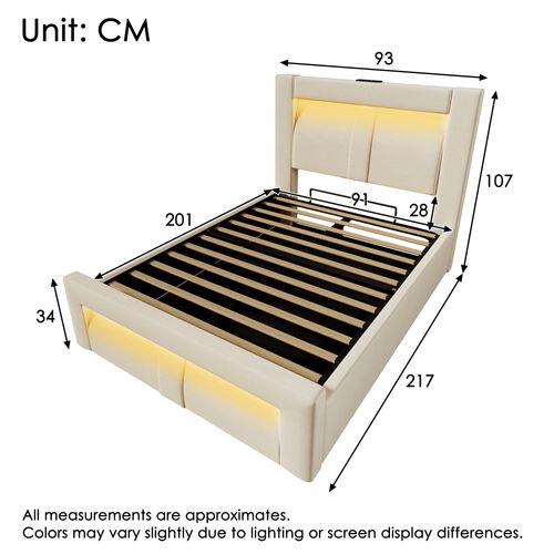 Lit Coffre Simple 90 X 200 Cm Avec Rangement, Éclairage LED, Prises USB Et Type-c, Velours, Beige