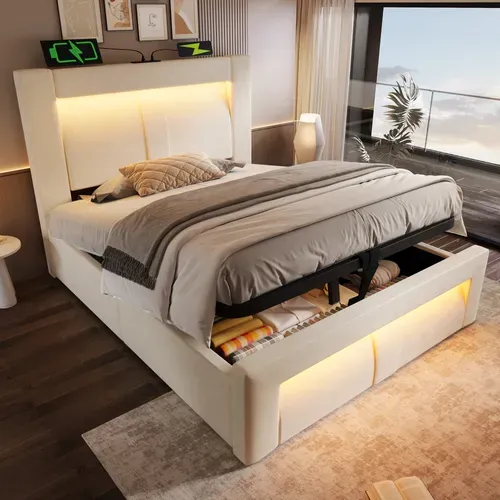 Lit Coffre Simple 90 X 200 Cm Avec Rangement, Éclairage LED, Prises USB Et Type-c, Velours, Beige